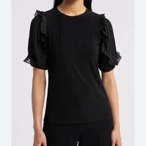 Anne Klein Ruffle Sleeve Pleated Blouse Womens Small Black Elegant Career Office